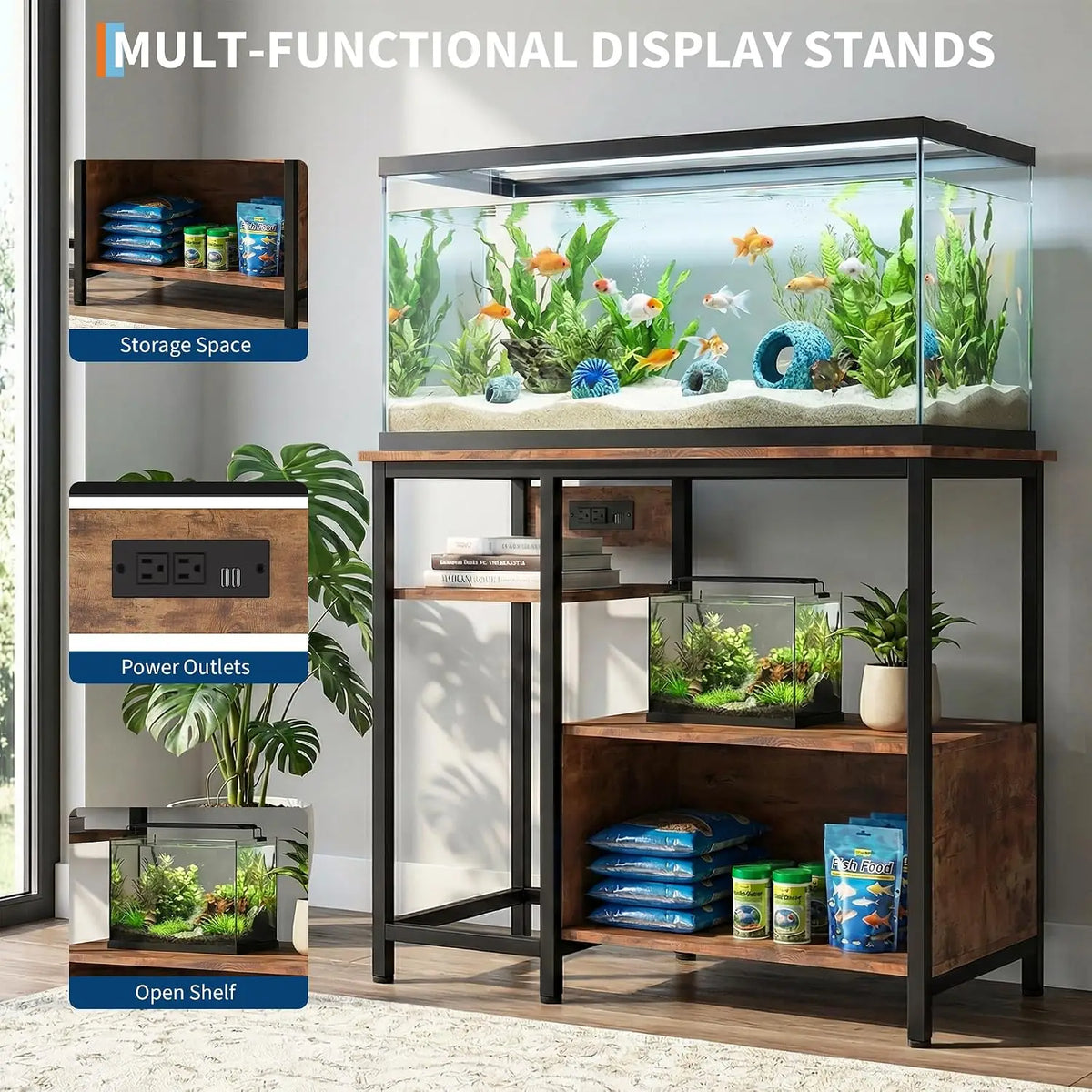40-50 Gallon Aquarium Stand with Power Outlets – Heavy-Duty Metal & Wood Fish Tank Stand, 4-Tier Open Storage Shelves - 36.6" × 18.9" × 30.7"