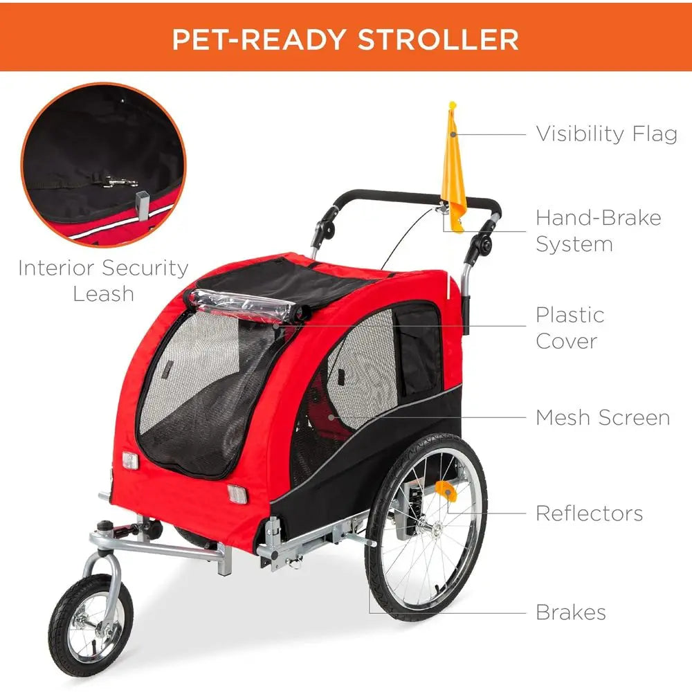 2-in-1 Dog Bike Trailer, Pet Stroller Cycle Carrier w/Hitch, Suspension, Visibility lag and Relect, 66lb