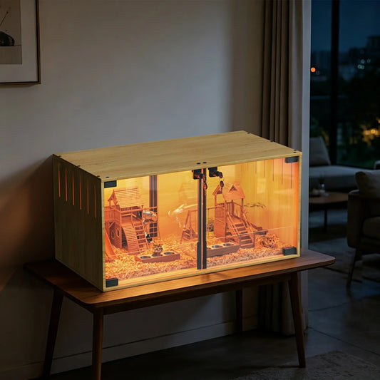 Wooden Small Animal Habitat Cage with Dual Doors Lock Removable Divider Enclosure