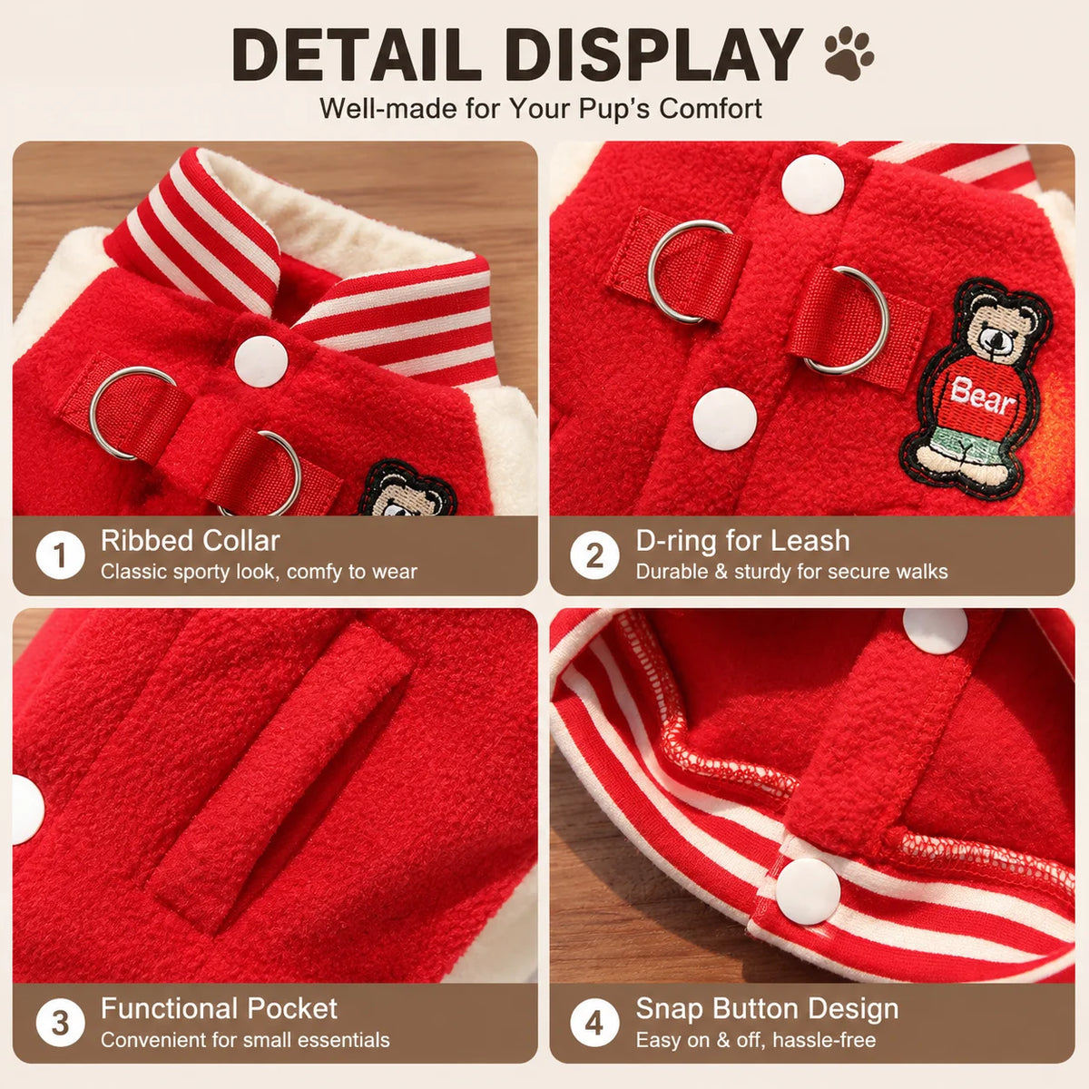 Baseball Style Dog Jacket, Cozy Fleece Puppy Coat with Snap Button Design