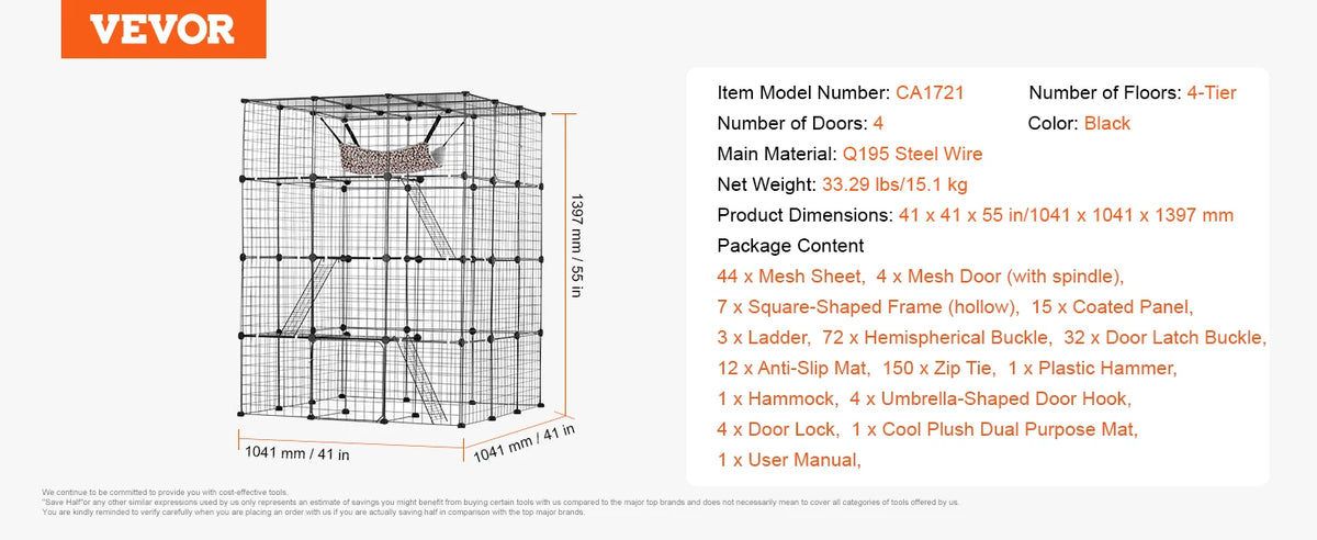 SucceBuy Large Cage Detachable Metal Wire Enclosure with Front Doors Hammock Ramp ladders Crate Exercise Place for Cat