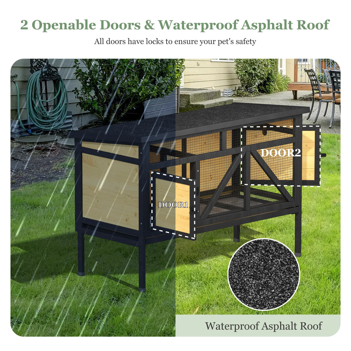 Elevated Small Animal Habitat with Double Doors, Leak-Proof Tray & Asphalt Roof, Indoor/Outdoor
