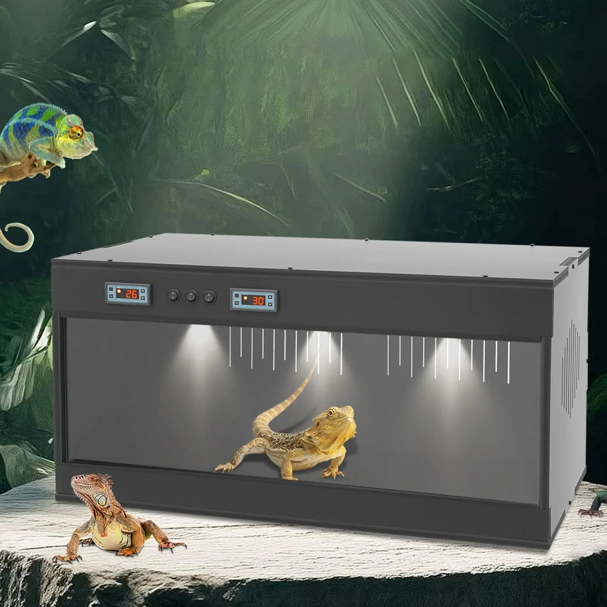 PVC Large Reptile Tank, 31.5x15.8x15.8 Front Opening  w/ Dual Temperature Controller Enclosure Feeding Box w/ Glass Sliding Door