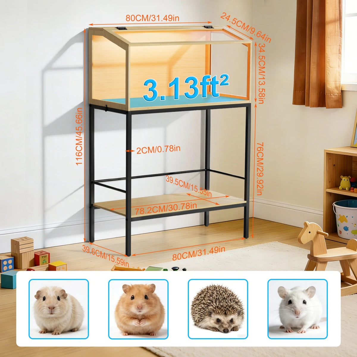 Chewproof Wooden Cage Habitat House Tempered Glass Panels Built-in LED Light for Small Pets