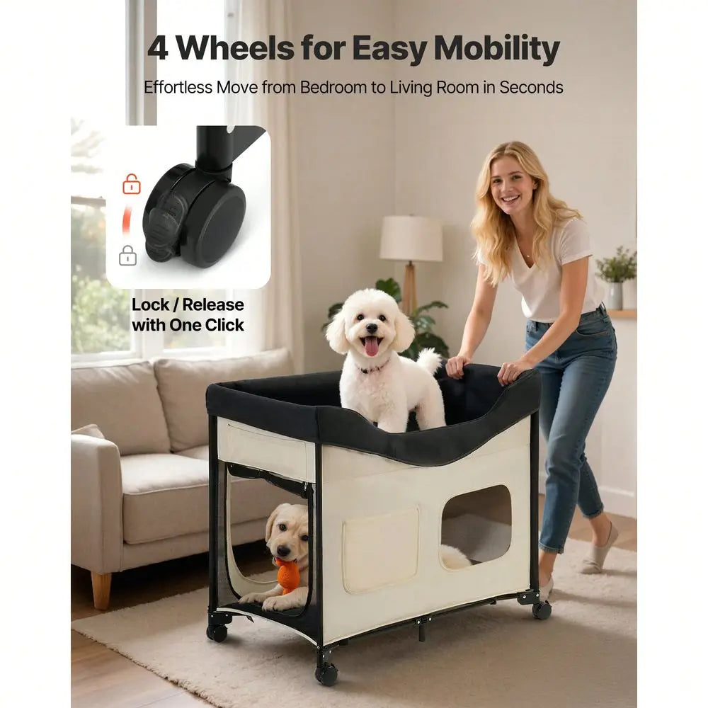 Foldable Bunk Dog Bed With Wheels And Side Storage Bin