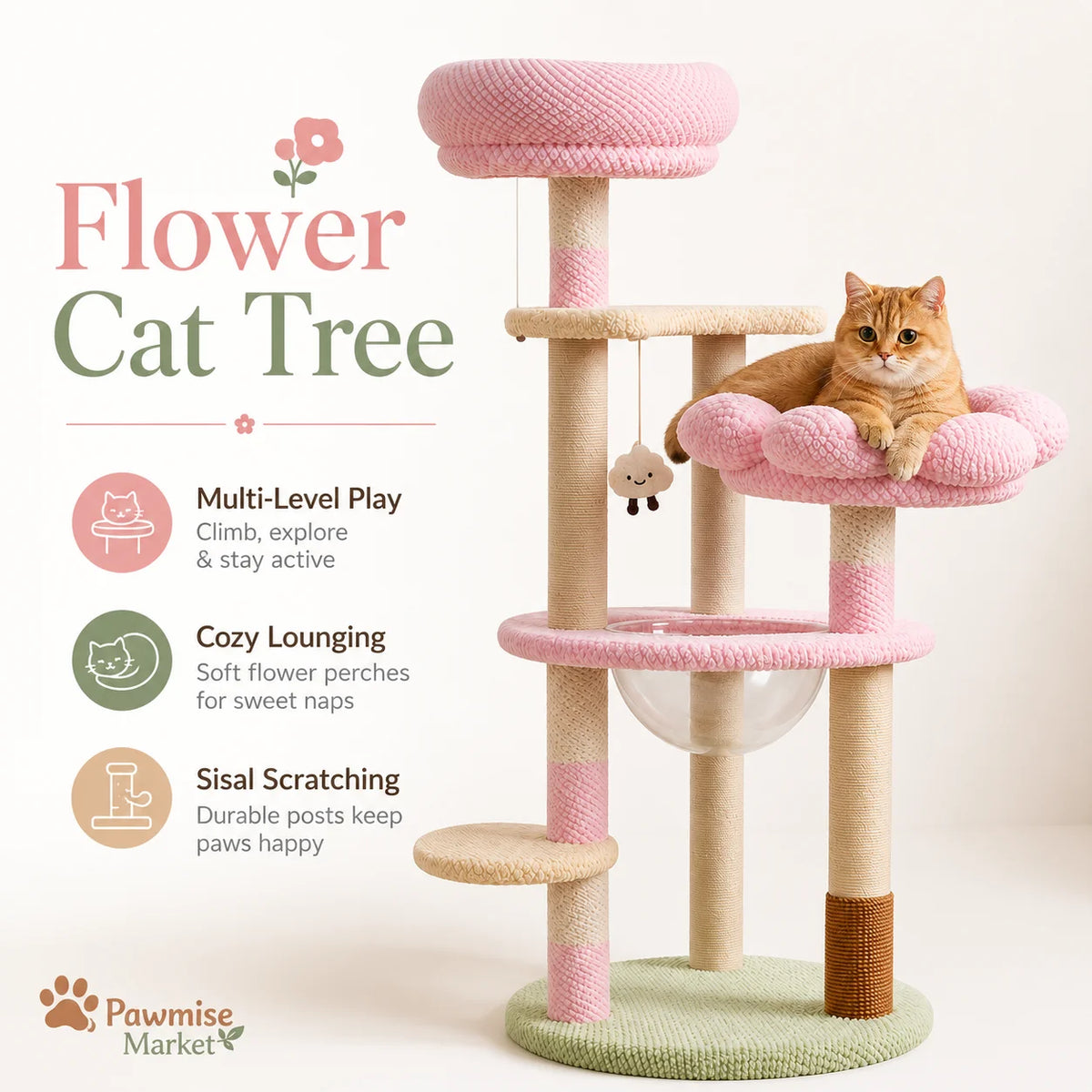 Pink Flower Cat Tree for Indoor Cats, 51.18-Inch Multi-Level Cat Tower with Soft Plush Perches