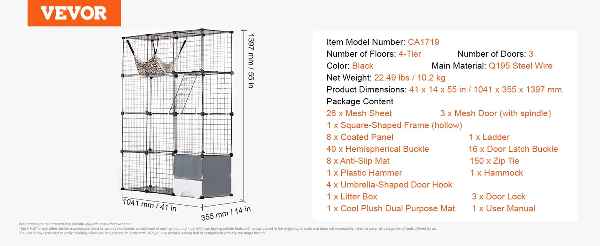 SucceBuy Large Cage Detachable Metal Wire Enclosure with Front Doors Hammock Ramp ladders Crate Exercise Place for Cat
