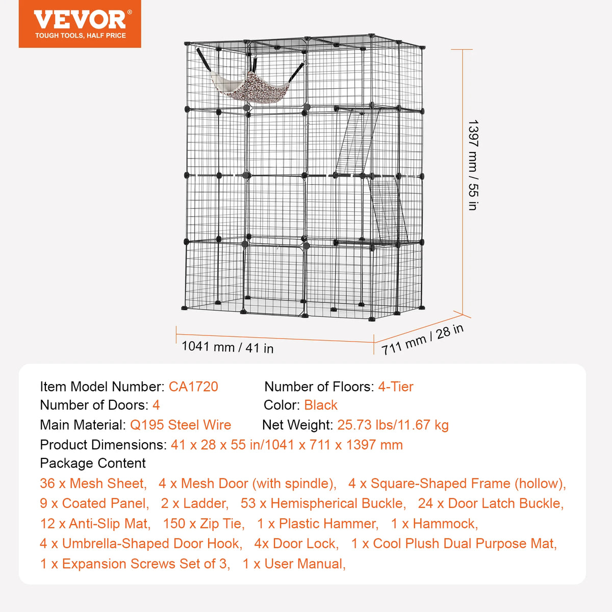 SucceBuy Large Cage Detachable Metal Wire Enclosure with Front Doors Hammock Ramp ladders Crate Exercise Place for Cat
