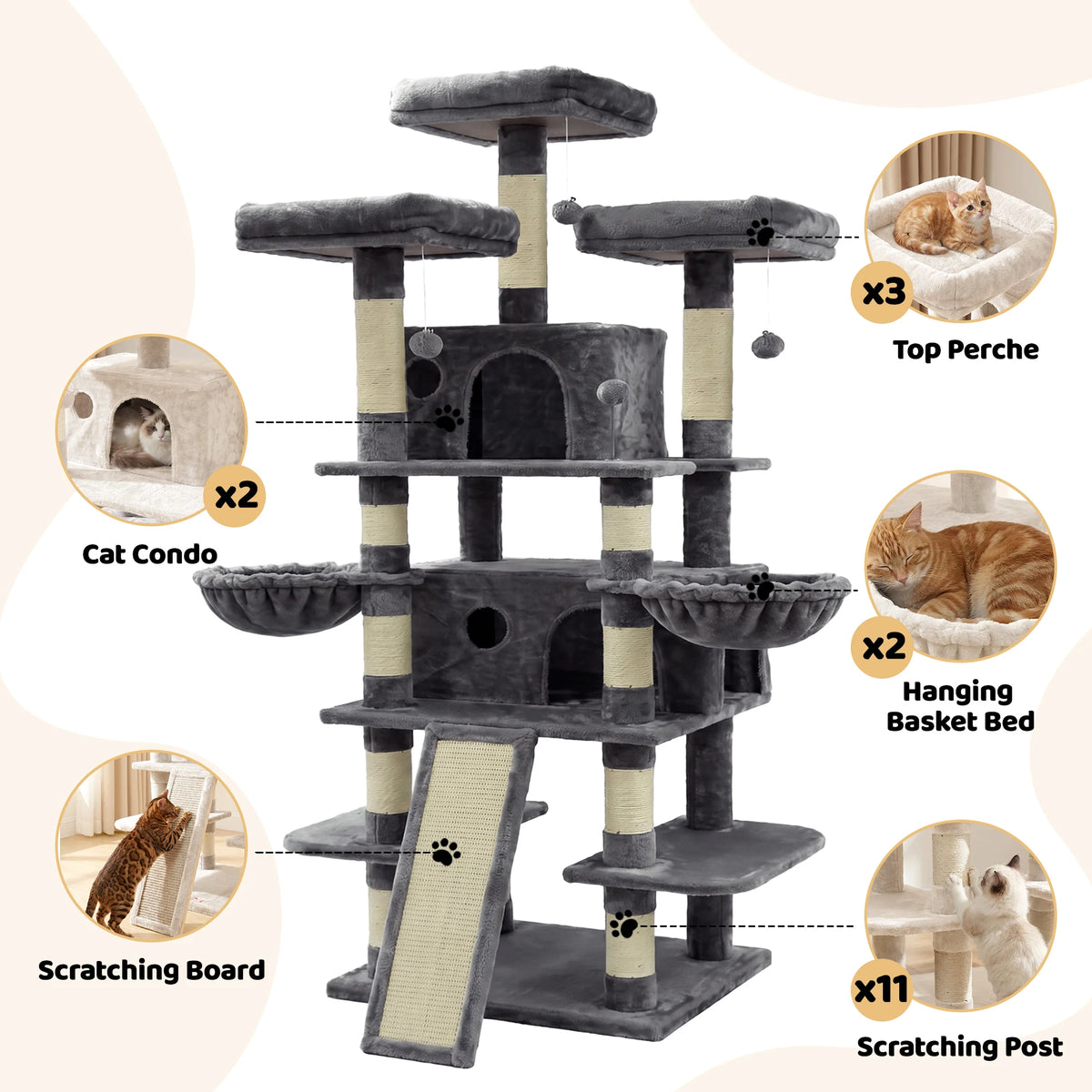FOOWIN Large Multi Level Cat Tree Tower Indoor Activity Center 2 Condos 3 Plush Perches