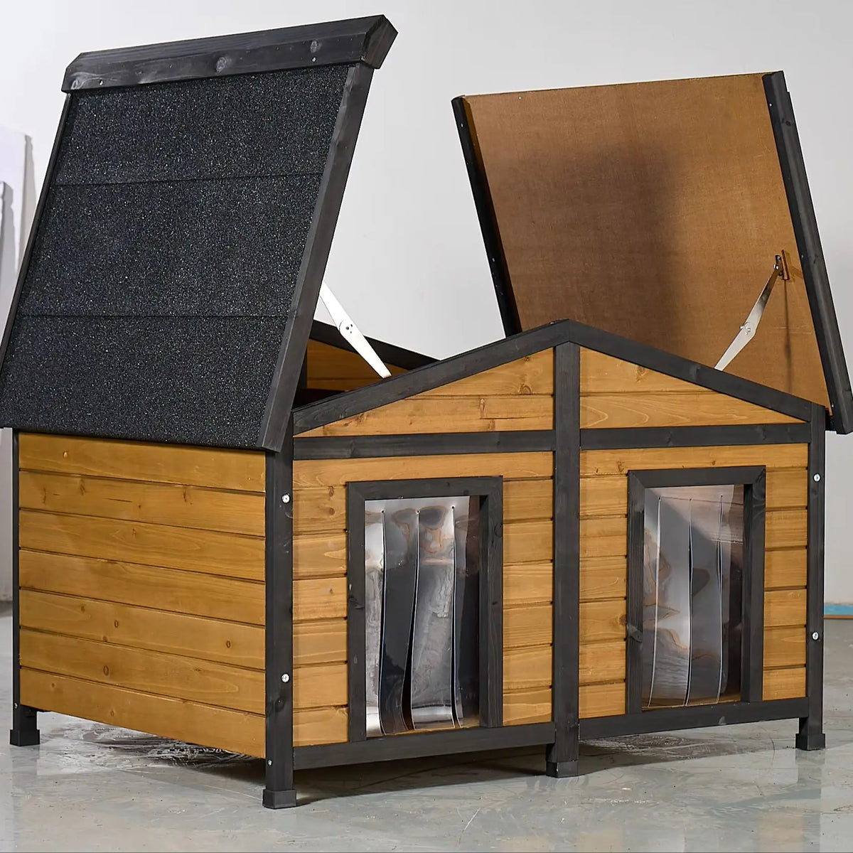 Natural Wood Double-Door Dog House - Waterproof Kennel for Large Breeds Multi-Dog