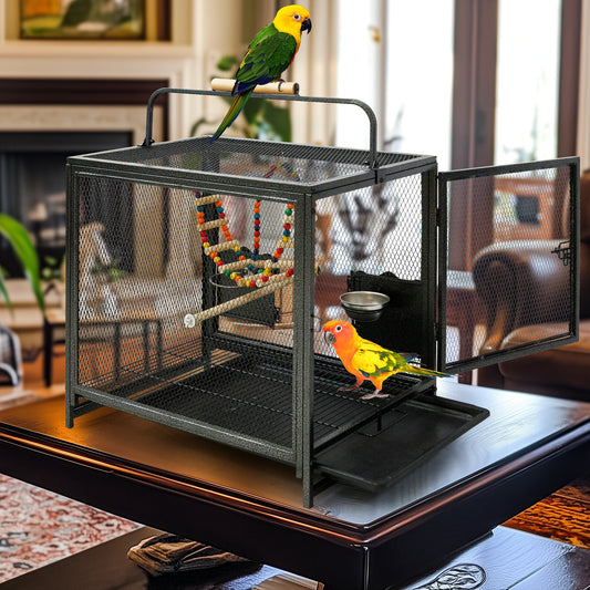 Wrought Iron Bird Travel Carrier Cage with Handle Wooden Perch & Seed Guard