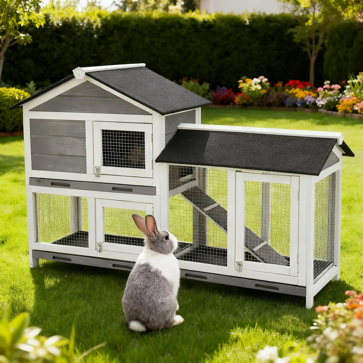 63in Bunny Hutch Indoor, Wooden Rabbit Cage 2-Tier With 3 Removable Trays, Waterproof Roof - Outdoor Coop