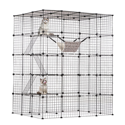 SucceBuy Large Cage Detachable Metal Wire Enclosure with Front Doors Hammock Ramp ladders Crate Exercise Place for Cat