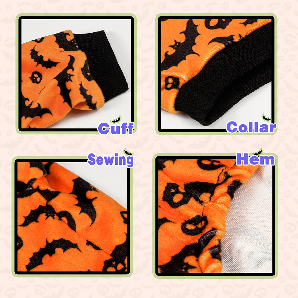 Halloween Dog Pajamas Costume: Four-legged outfit with bat and skull patterns
