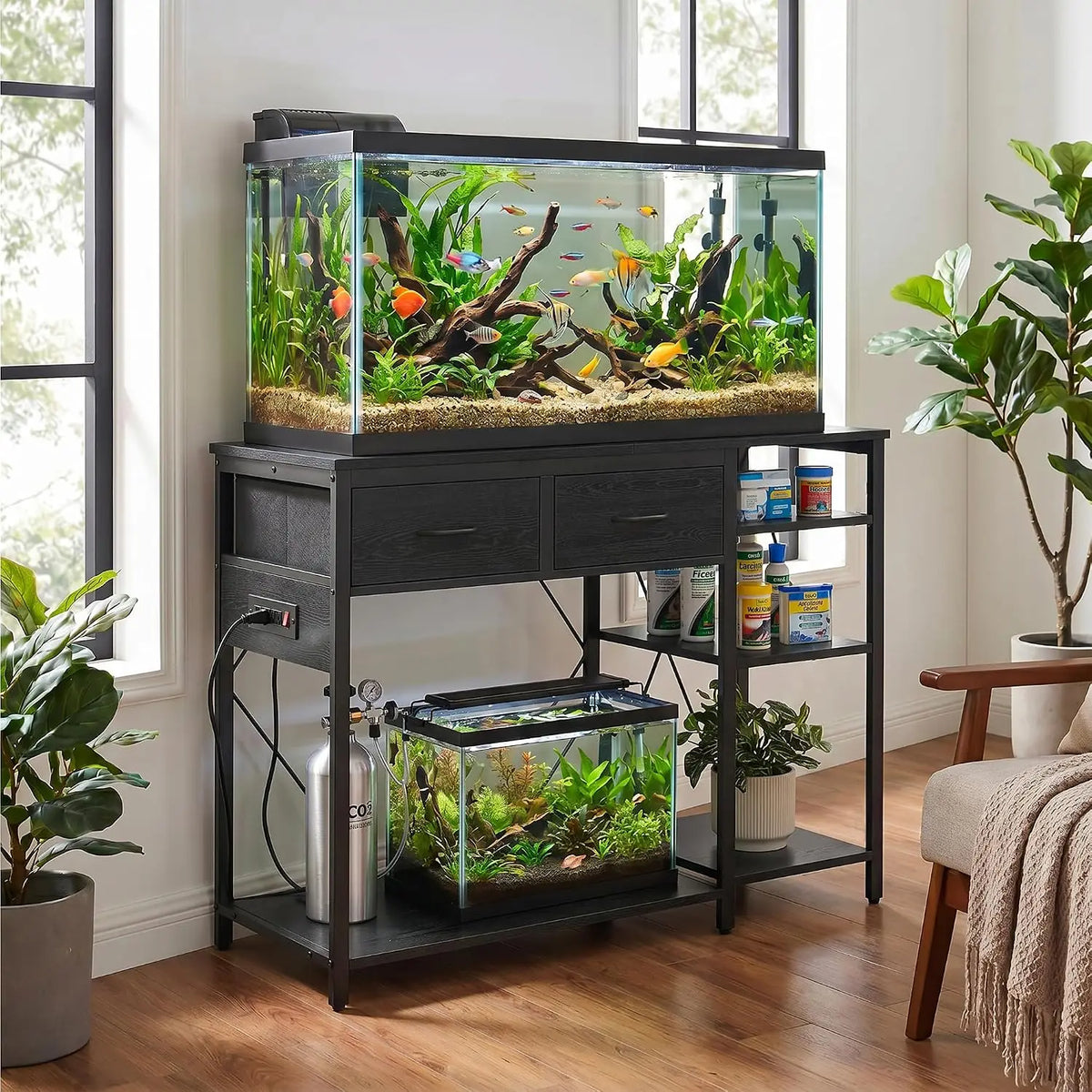 Aquarium Stand with Power Outlet for Fish or Reptile Tank 49.2" x 17,7" Top Tabletop Terrarium