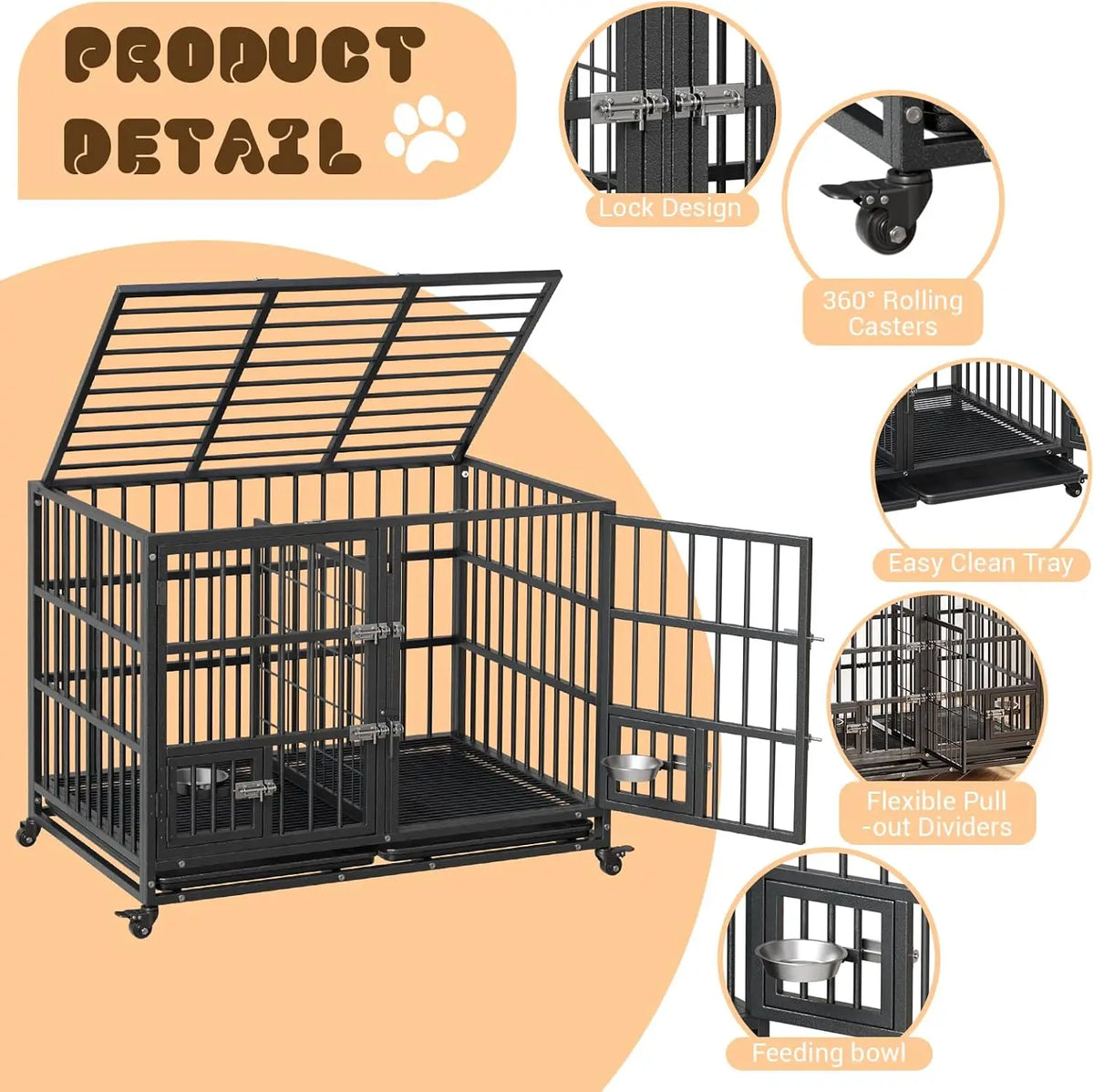 Garvee 42/48 inch Heavy Duty Dog Crate with 4 Lockable Wheels Double Door and Removable Tray for Small Medium Large Dogs ﻿