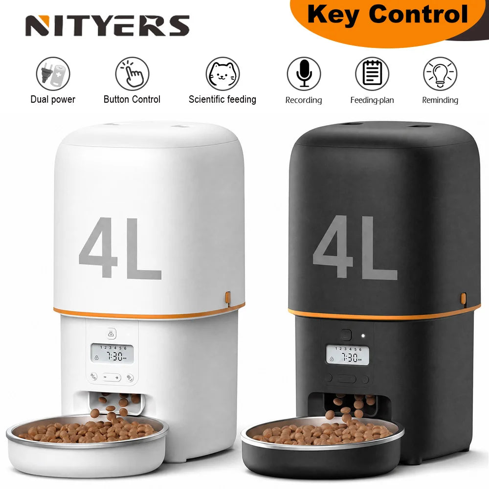 NITYERS 4L Automatic Smart Pet Food Dispenser with Key Control, Voice Recorder, Dual Power Supply, Timed Auto Dog Feeder with Stainless Steel Bowl