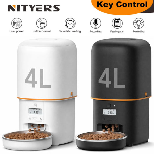 NITYERS 4L Automatic Smart Pet Food Dispenser with Key Control, Voice Recorder, Dual Power Supply, Timed Auto Dog Feeder with Stainless Steel Bowl