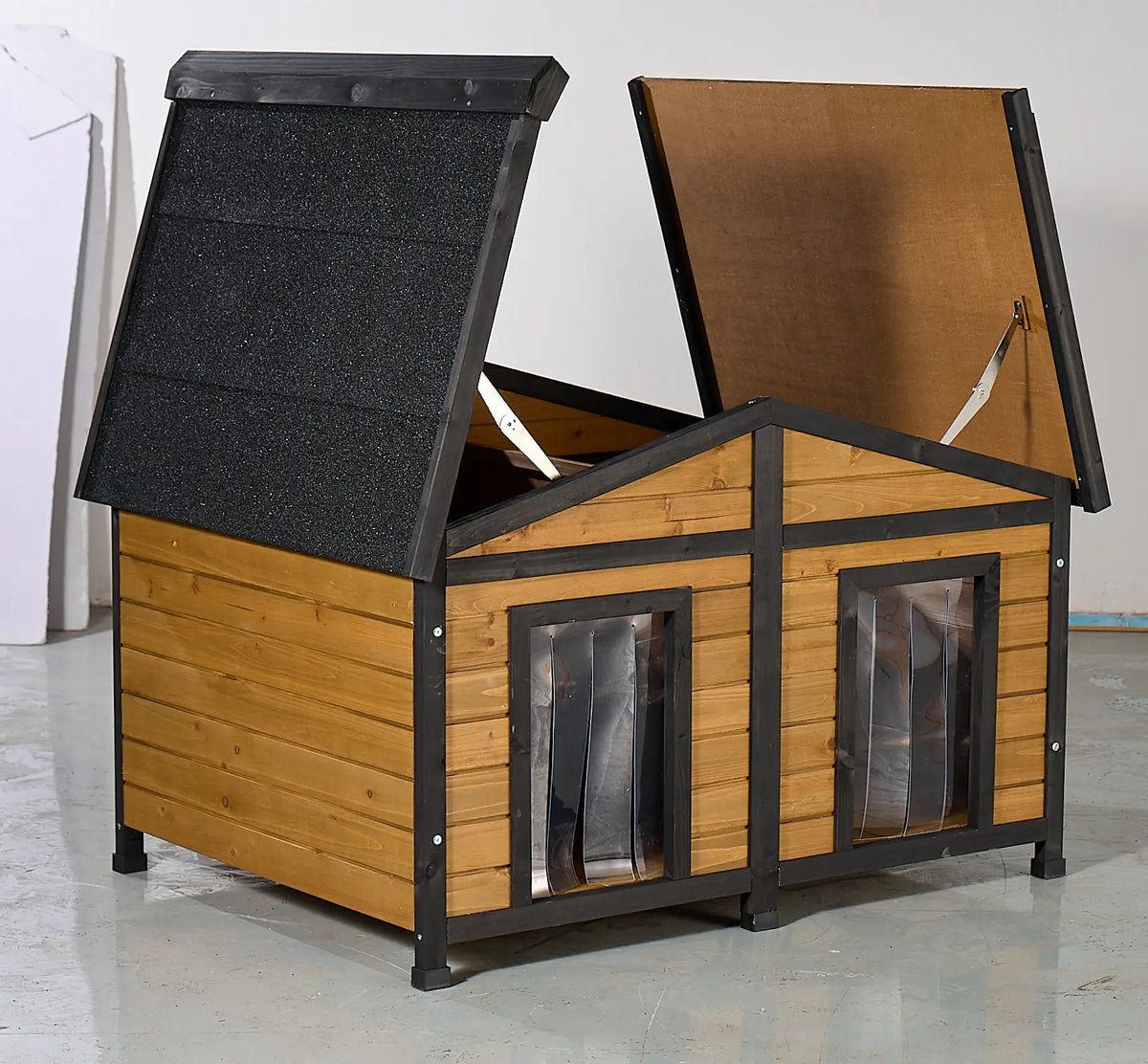 Natural Wood Double-Door Dog House - Waterproof Kennel for Large Breeds Multi-Dog