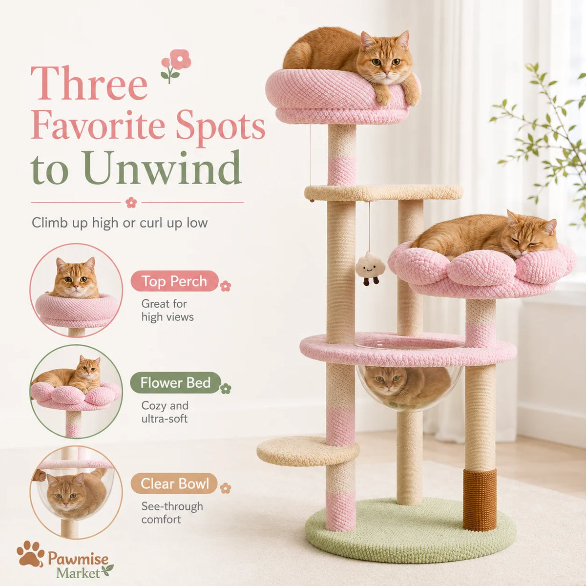 Pink Flower Cat Tree for Indoor Cats, 51.18-Inch Multi-Level Cat Tower with Soft Plush Perches