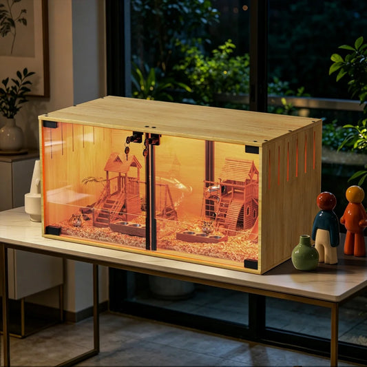 Wooden Small Animal Habitat Cage with Dual Doors Lock Removable Divider Enclosure
