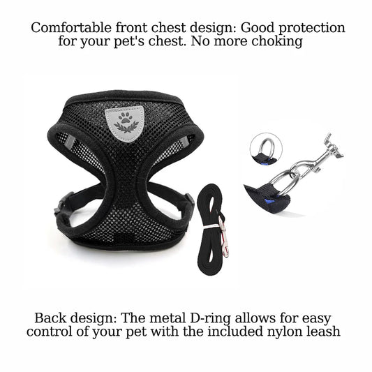 Adjustable Harness And Leash Set - Reflective Escape Proof Mesh Vest