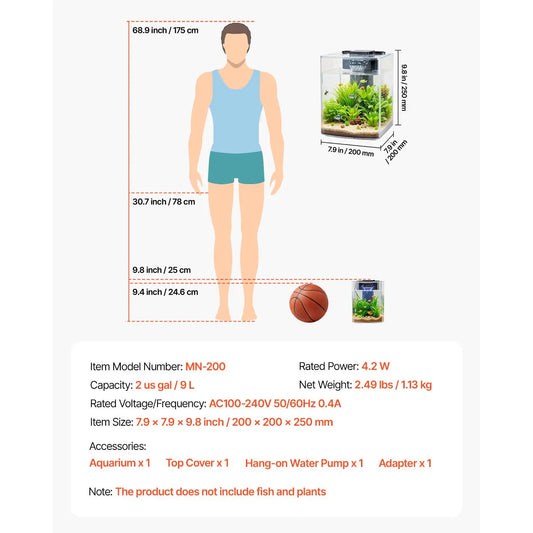 2 Gallon Arch Ultra-Clear Tank Adjustable 3 Color Lighting, Self Cleaning System Fishbowl for Freshwater & Saltwater
