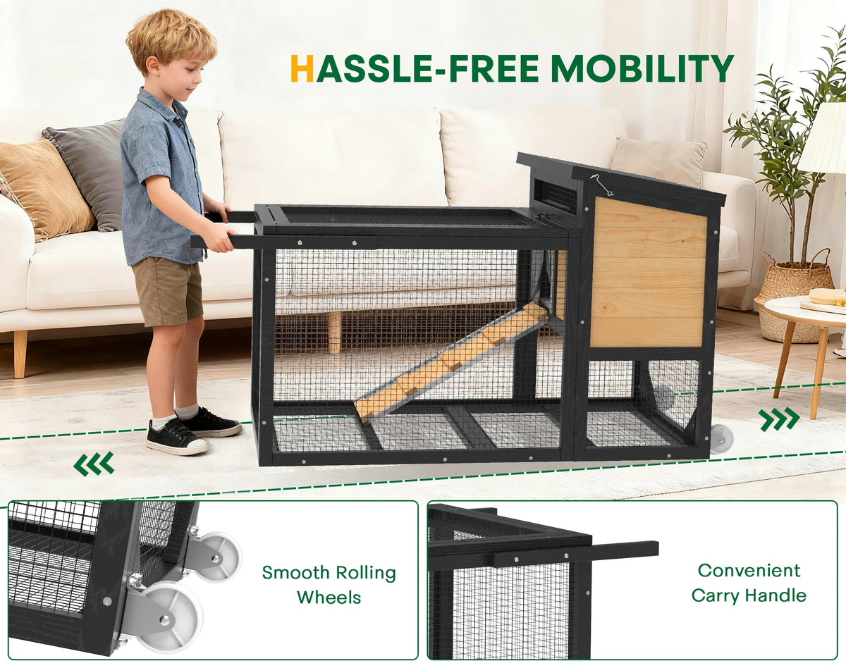 47.2" Outdoor Wooden Rabbit Hutch, 2-Tier Mobile Bunny Cage on Wheels with Double Doors, Waterproof Roof, Pull-Out Tray
