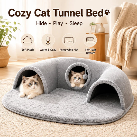 Multifunctional U-shaped Cat Tunnel Bed—A Detachable, Washable Plush Tunnel; Suitable for Home, Indoor, and balcony Use.