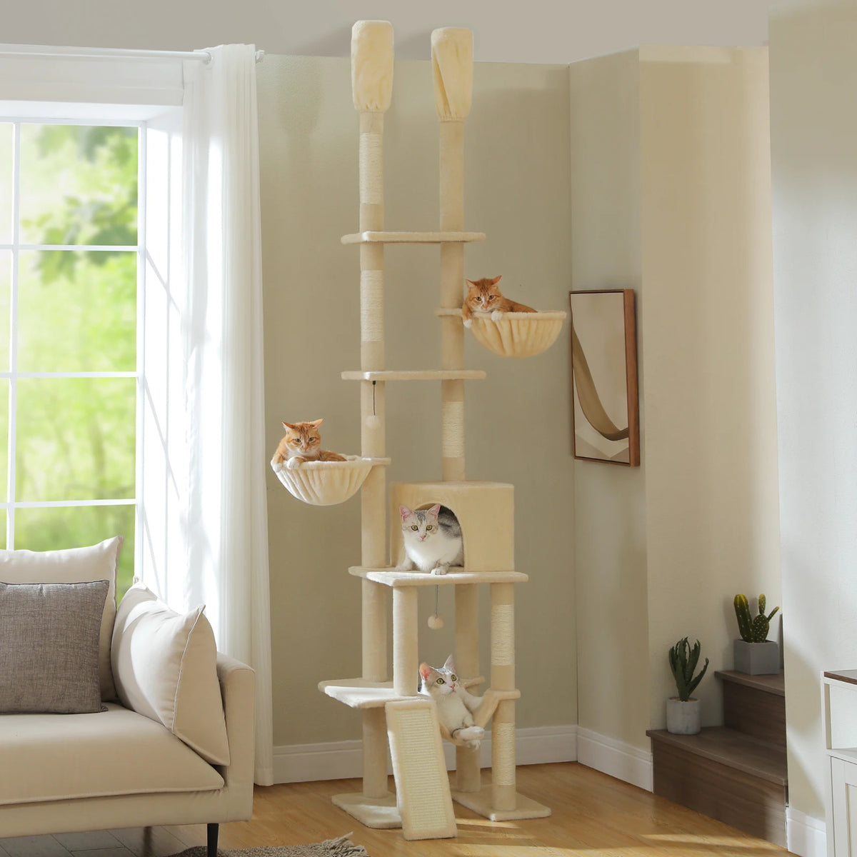 Cactus Cat Tree - Floor to Ceiling Tower 7 Tiers Cat Climbing Tree - 5 Platforms Scratching Posts