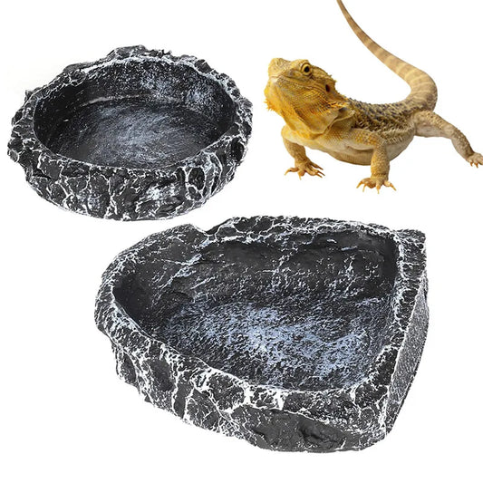 Reptile Feeding Water Bowl - Realistic Stone Texture Safe Durable