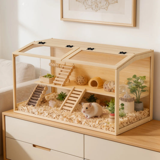 Chewproof Wooden Cage Habitat House Tempered Glass Panels Built-in LED Light for Small Pets