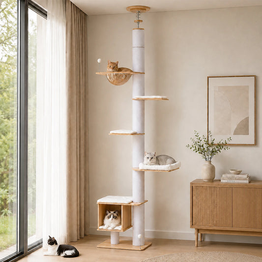 Floor to Ceiling Tree for Indoor Height Adjustable Cat Tower with Sisal Scratching Posts - Washable Mats