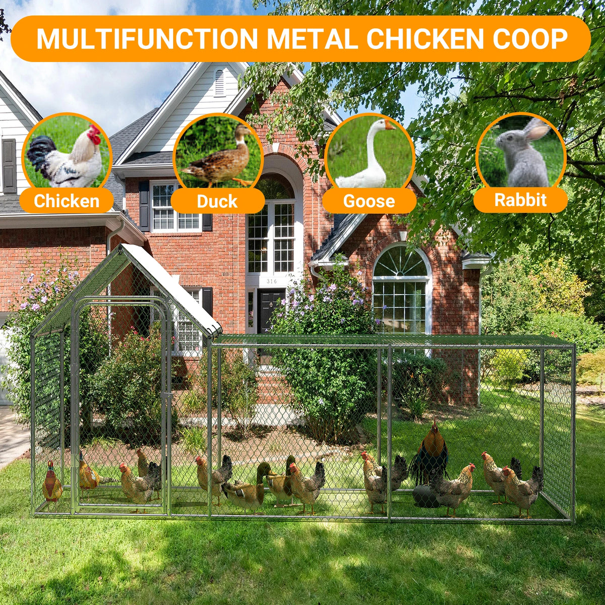 Large Metal Chicken Coop, with Waterproof and Anti-UV Cover, Walk-in Chicken House for 8/10 Chickens, Rabbits Duck Outdoor Farm Yard