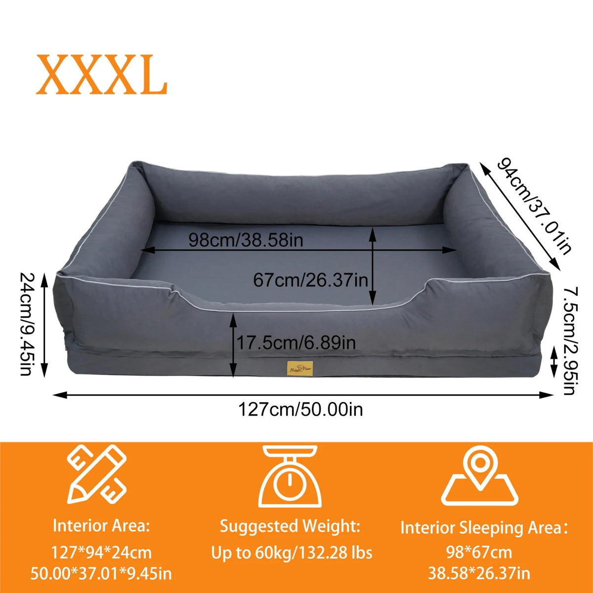 Orthopedic Dog Beds -Dark Grey Pet Sofa Cushion with Removable Machine Washable Cover Foam Base