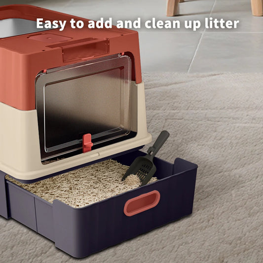 Large Cat Litter Box With Pull-Out Drawer, Fully Covered For Privacy & Odor Control, Front Entry & Top Exit, Leak-Resistant And Easy-Clean Tray