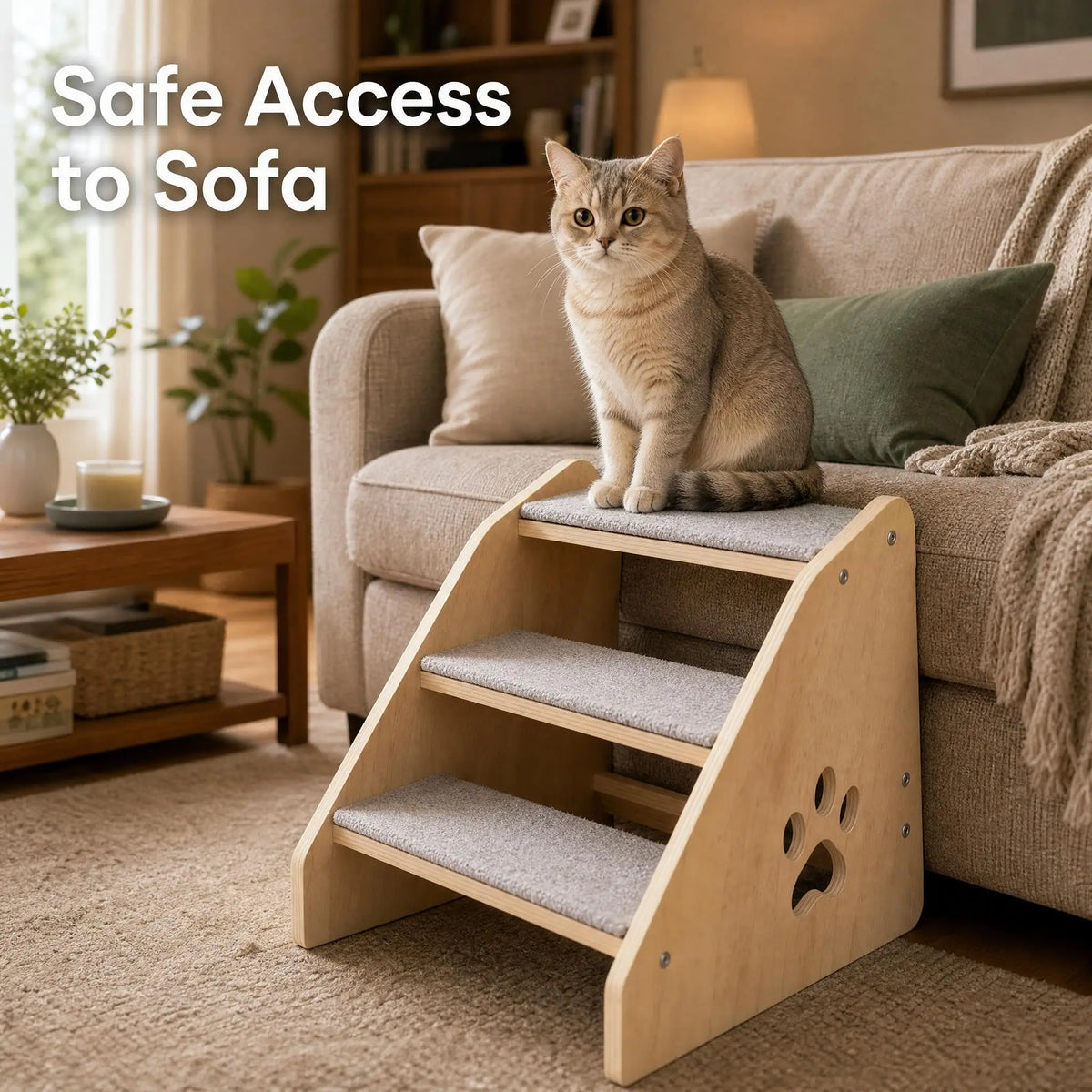 3-Step Wooden Pet Stairs for Small Dogs & Cats – Non-Slip Steps – Soft Fabric Cover – Ideal for Bed, Couch, Car & Senior Pets – Fixed 3-Step Design