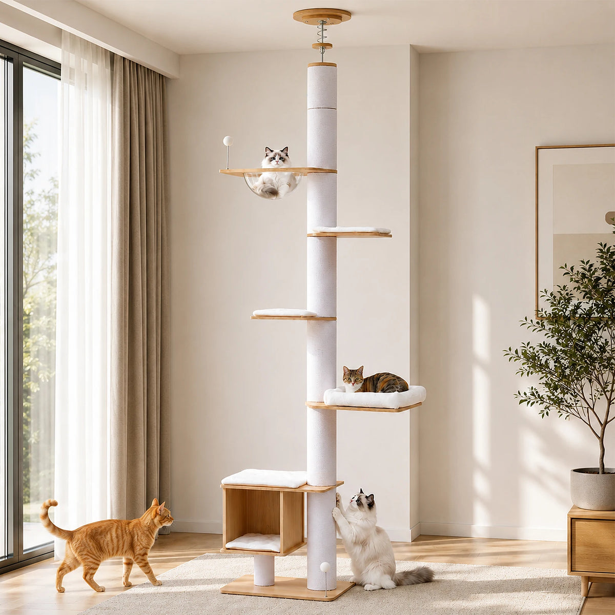 Floor to Ceiling Tree for Indoor Height Adjustable Cat Tower with Sisal Scratching Posts - Washable Mats