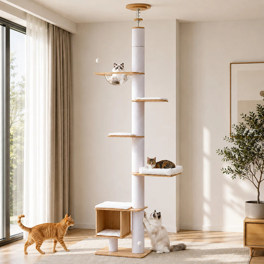 Floor to Ceiling Tree for Indoor Height Adjustable Cat Tower with Sisal Scratching Posts - Washable Mats