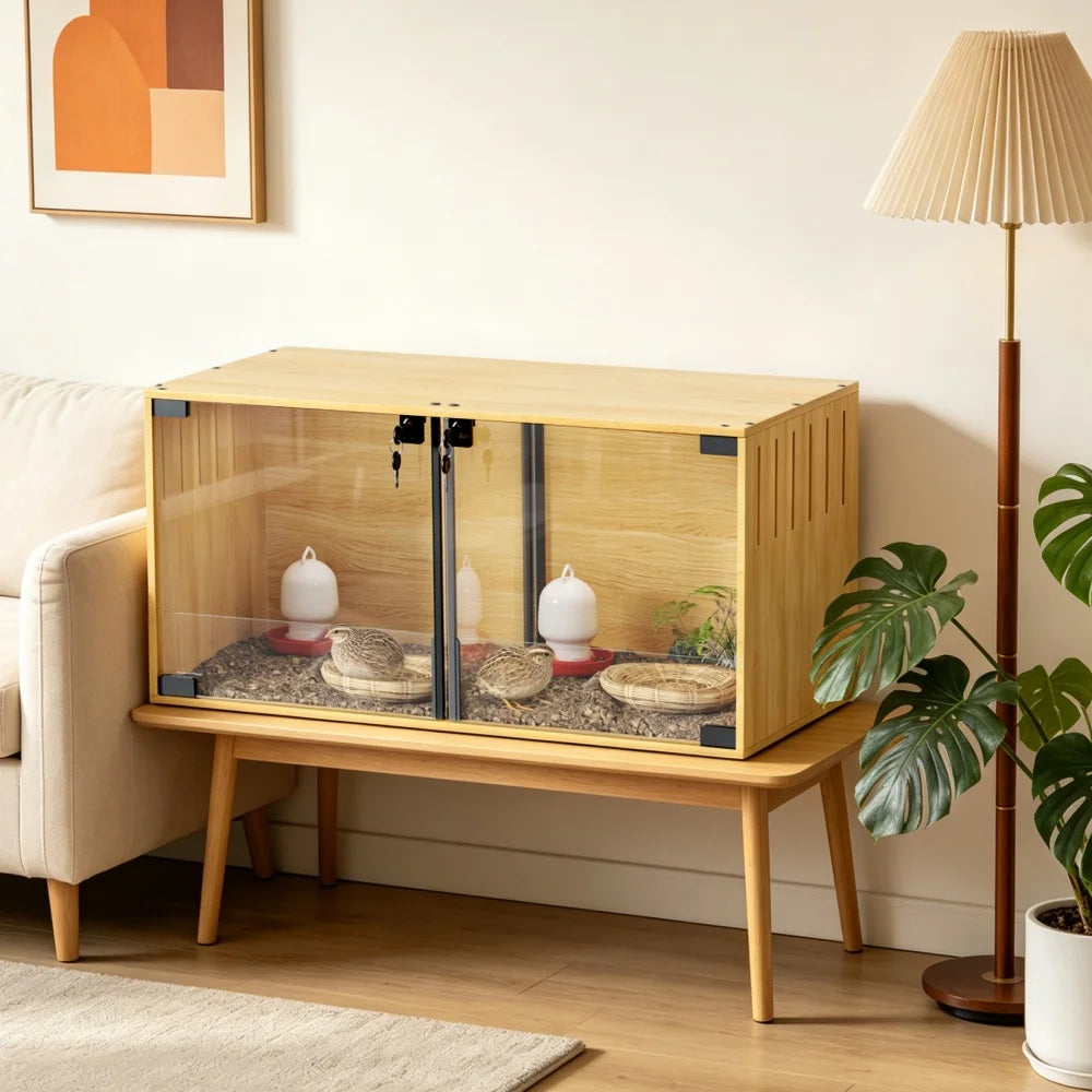 Wooden Small Animal Habitat Cage with Dual Doors Lock Removable Divider Enclosure