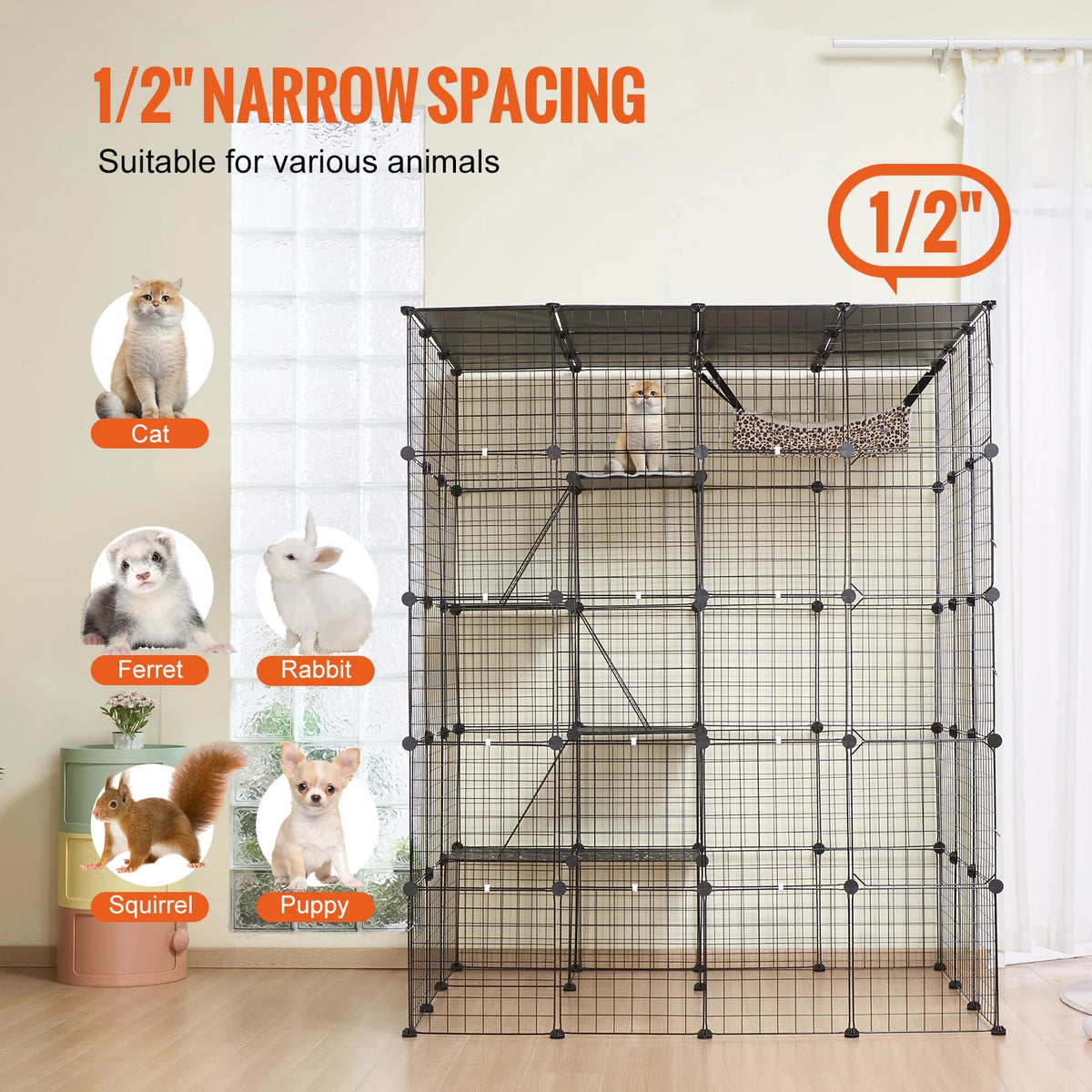 SucceBuy Large Cage Detachable Metal Wire Enclosure with Front Doors Hammock Ramp ladders Crate Exercise Place for Cat
