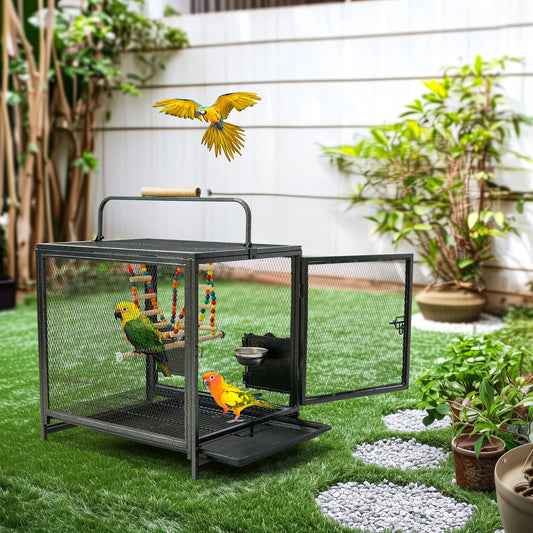 Wrought Iron Bird Travel Carrier Cage with Handle Wooden Perch & Seed Guard