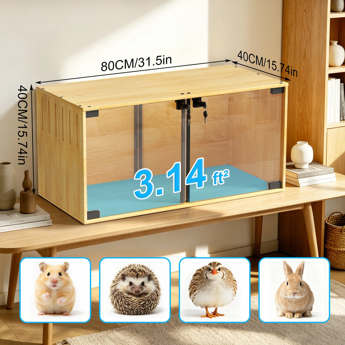 Wooden Small Animal Habitat Cage with Dual Doors Lock Removable Divider Enclosure