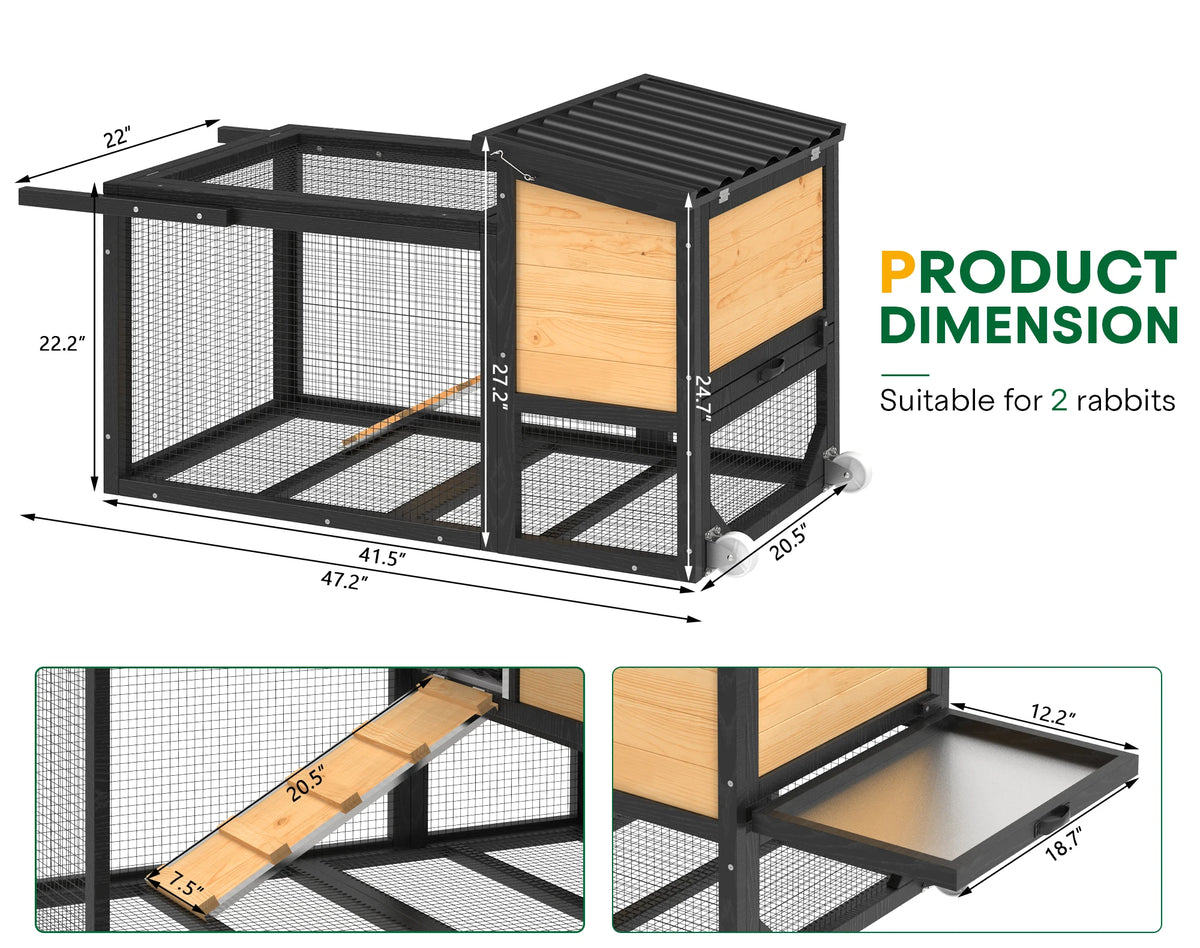 47.2" Outdoor Wooden Rabbit Hutch, 2-Tier Mobile Bunny Cage on Wheels with Double Doors, Waterproof Roof, Pull-Out Tray
