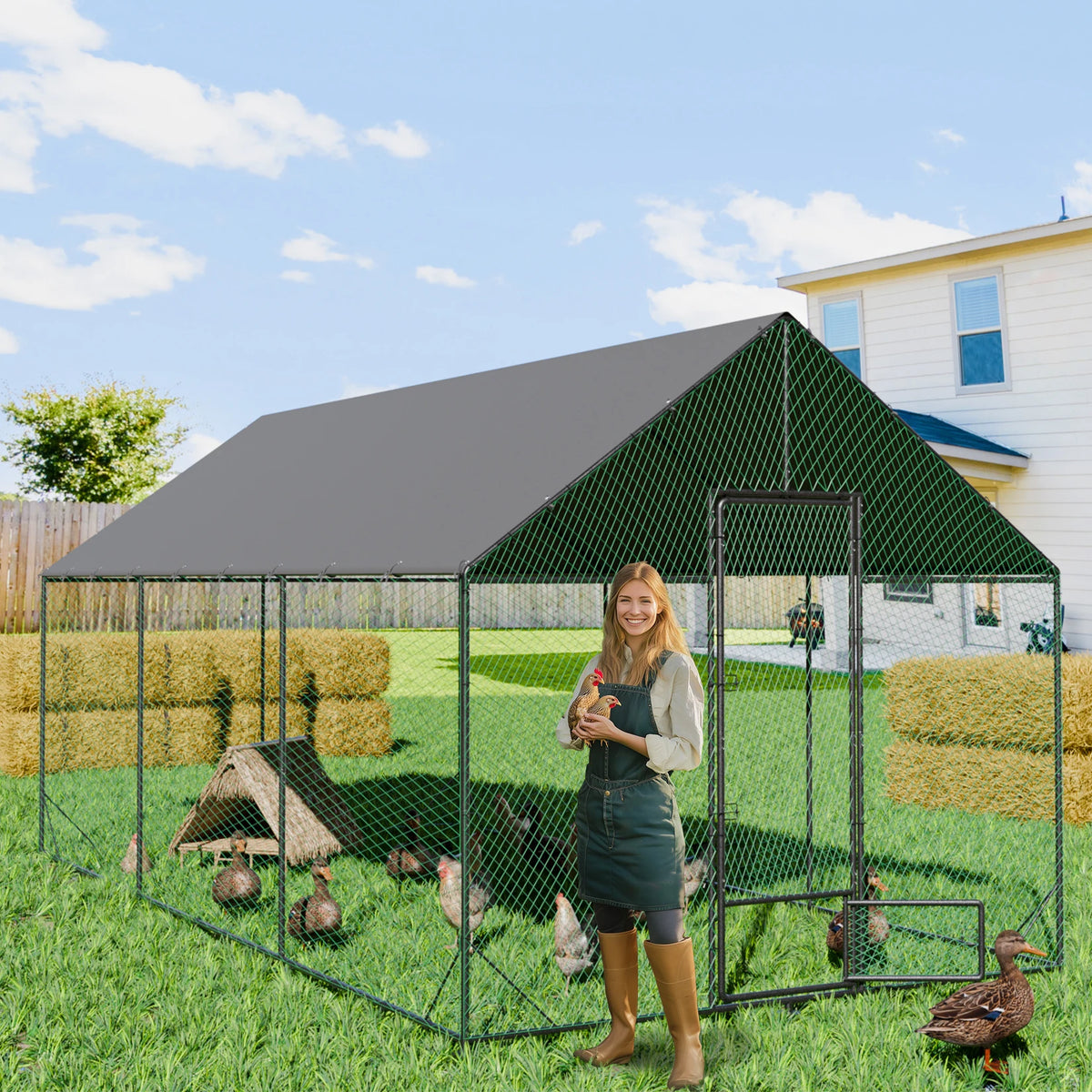 Large Outdoor Upgrade Metal Chicken Coop Walk-in Cage  with Nylon Netting and Cover for Yards