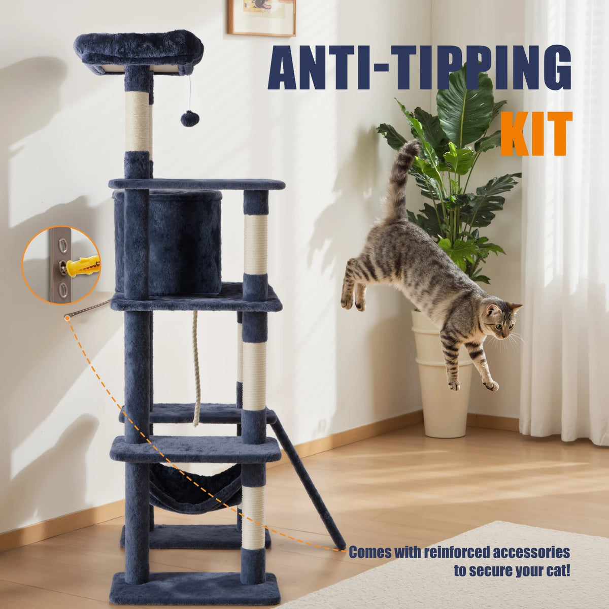 63IN Cat Tree Tower - Natural Scratching Posts -  Climbing Tower with Condo