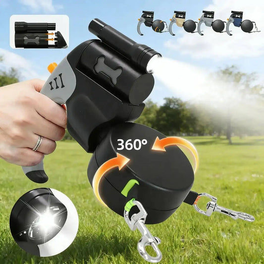 Auto Retractable Double-Headed Dog Leash with LED Flashlight 360 Degree Dual Traction Rope