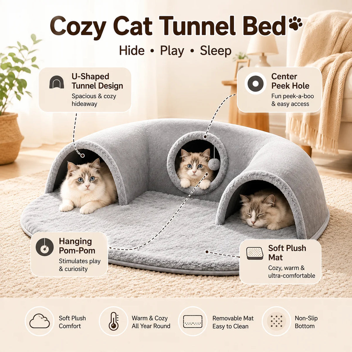 Multifunctional U-shaped Cat Tunnel Bed—A Detachable, Washable Plush Tunnel; Suitable for Home, Indoor, and balcony Use.