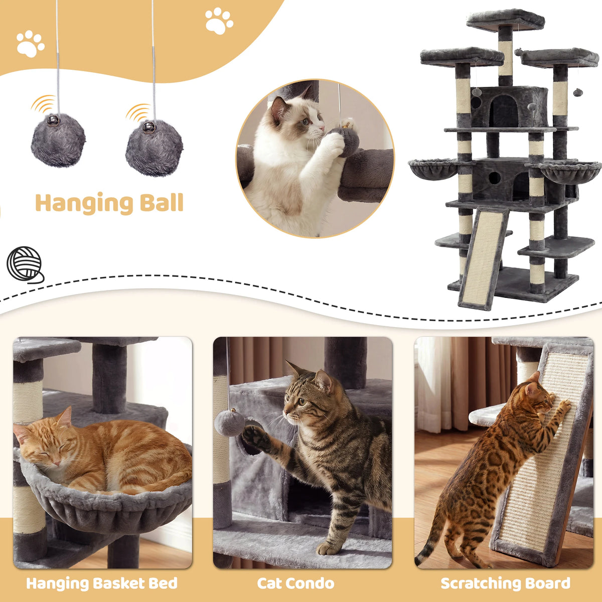 FOOWIN Large Multi Level Cat Tree Tower Indoor Activity Center 2 Condos 3 Plush Perches