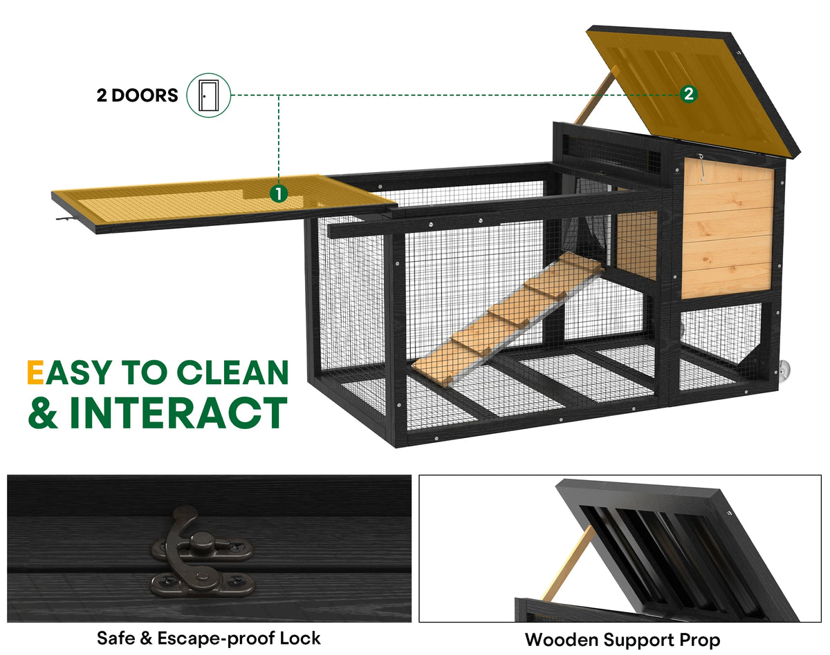 47.2" Outdoor Wooden Rabbit Hutch, 2-Tier Mobile Bunny Cage on Wheels with Double Doors, Waterproof Roof, Pull-Out Tray